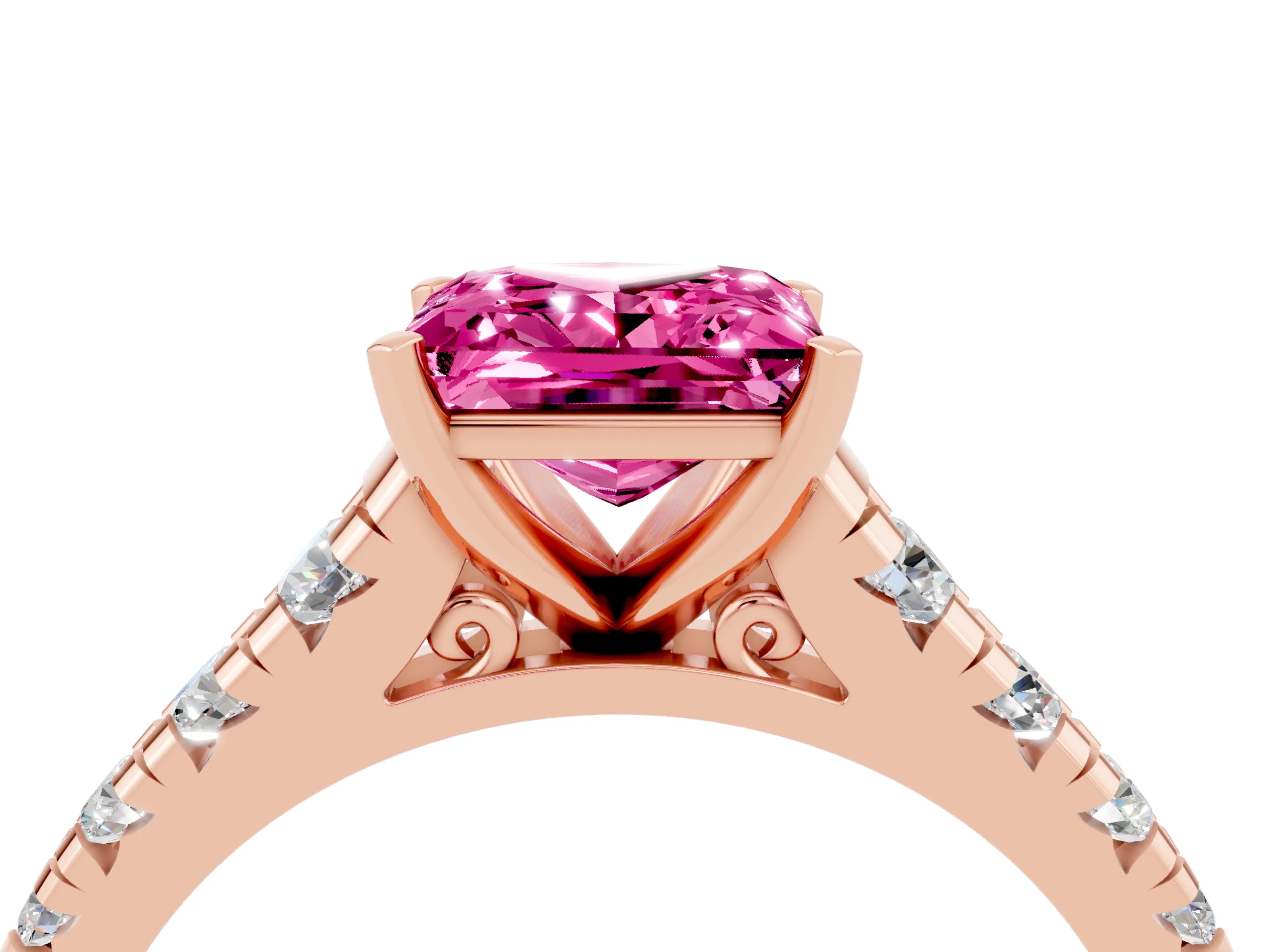 Rose gold Princess Cut Pink Sapphire Solitaire Ring with Cathedral Setting and Pavé Band_28