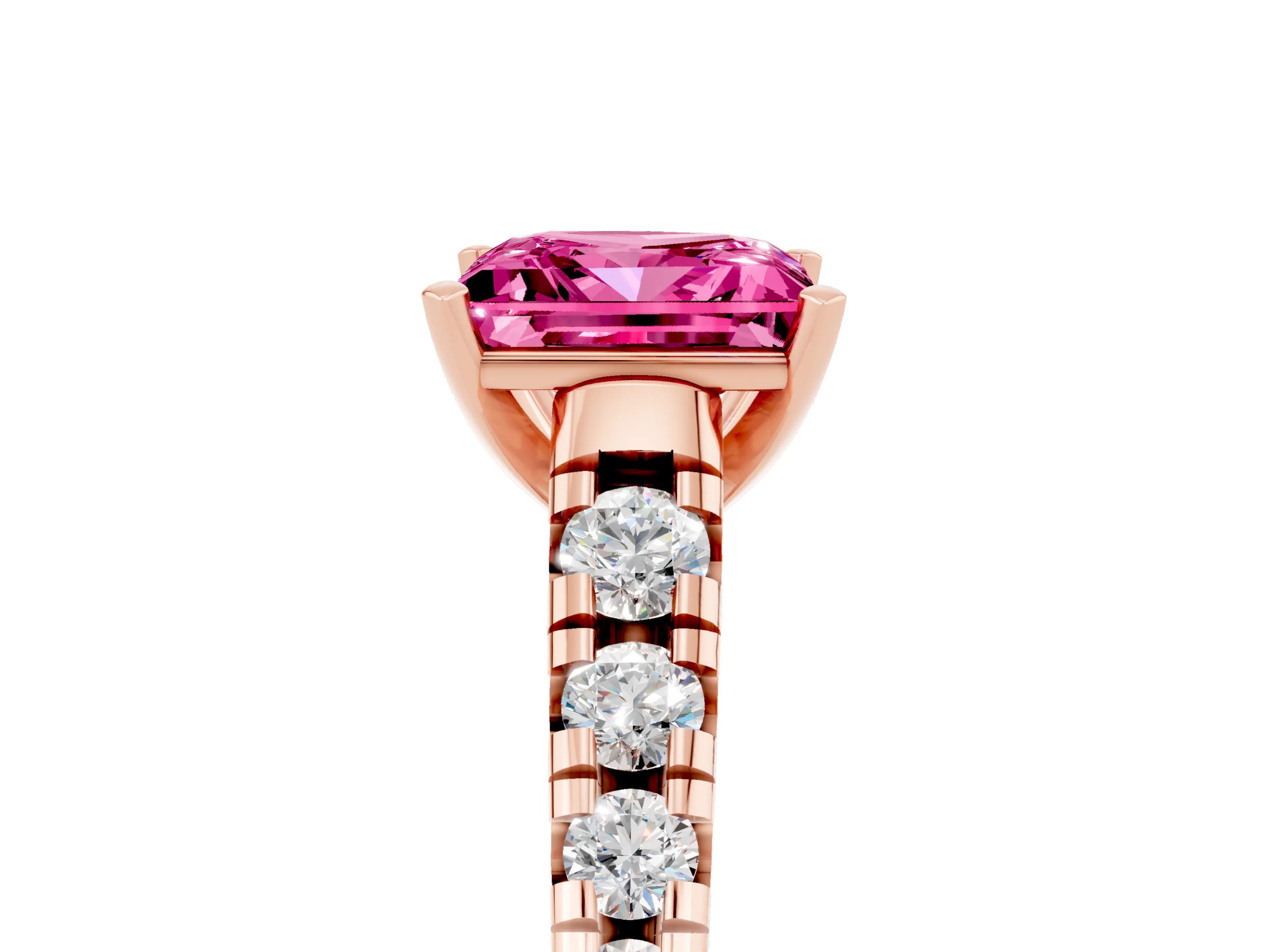 Rose gold Princess Cut Pink Sapphire Solitaire Ring with Cathedral Setting and Pavé Band_29