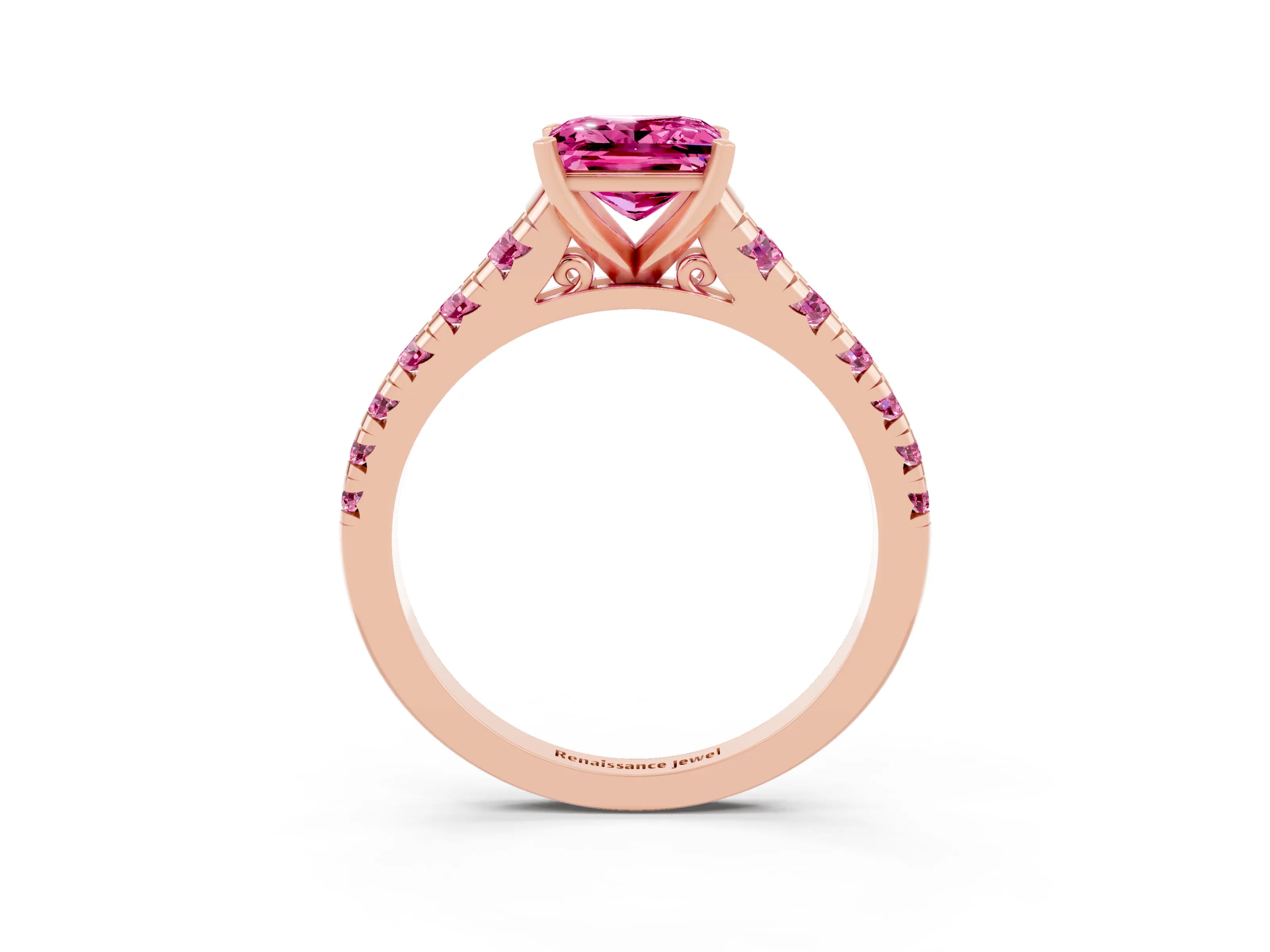 Rose gold Princess Cut Pink Sapphire Solitaire Ring with Cathedral Setting and Pavé Band_3
