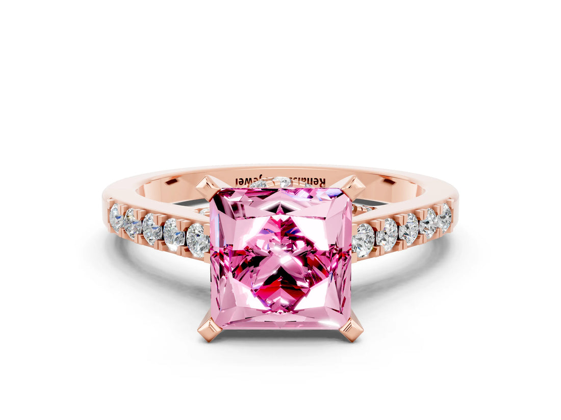 Rose gold Princess Cut Pink Sapphire Solitaire Ring with Crossover Gallery and Round  Pavé Band_12