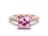 Rose gold Princess Cut Pink Sapphire Solitaire Ring with Crossover Gallery and Round  Pavé Band_12