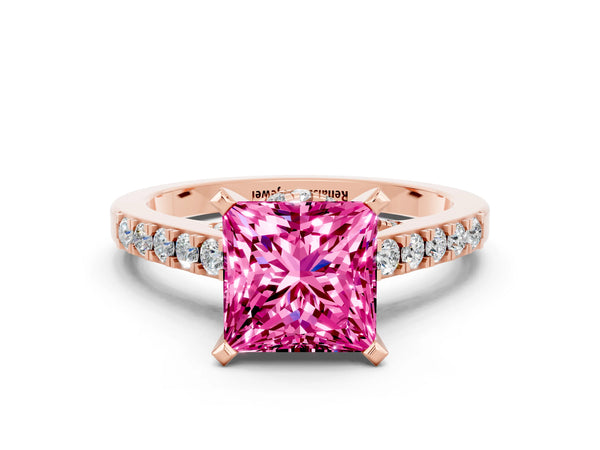 Rose gold Princess Cut Pink Sapphire Solitaire Ring with Crossover Gallery and Round  Pavé Band