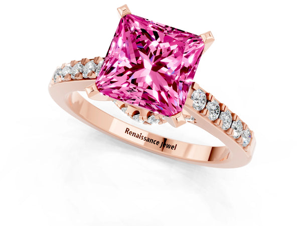Rose gold Princess Cut Pink Sapphire Solitaire Ring with Crossover Gallery and Round  Pavé Band