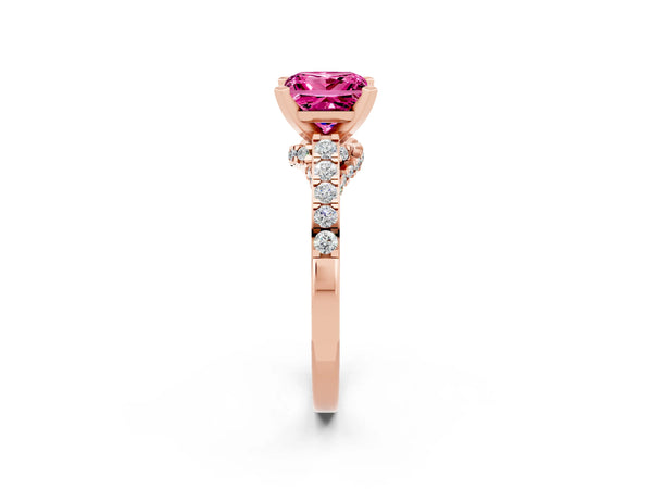 Rose gold Princess Cut Pink Sapphire Solitaire Ring with Crossover Gallery and Round  Pavé Band