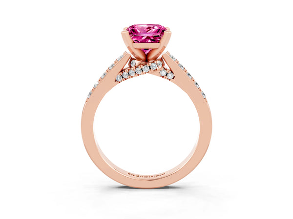 Rose gold Princess Cut Pink Sapphire Solitaire Ring with Crossover Gallery and Round  Pavé Band