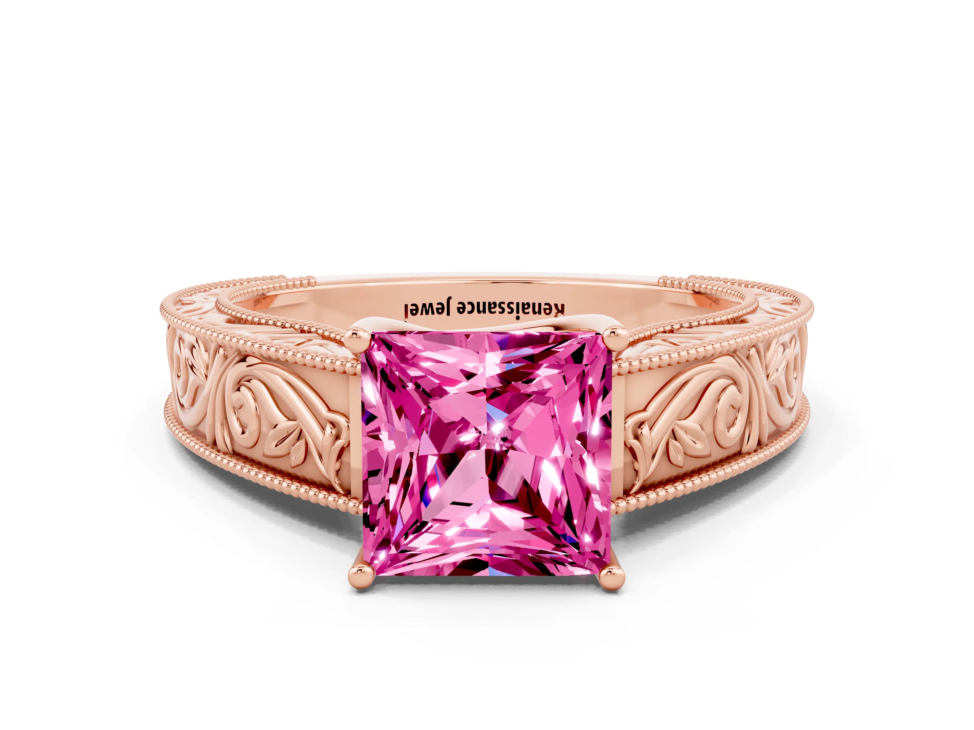 Rose gold Princess Cut Pink Sapphire Solitaire Ring with Engraved Band and Four-Prong Setting