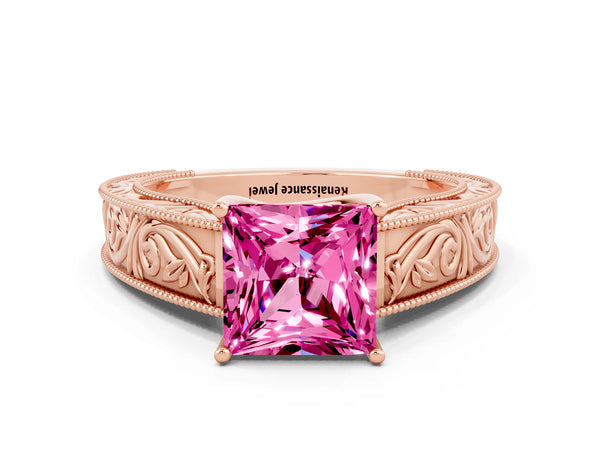Rose gold Princess Cut Pink Sapphire Solitaire Ring with Engraved Band and Four-Prong Setting