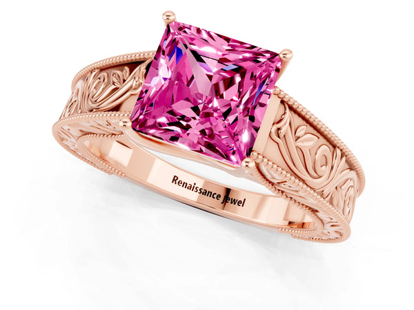 Rose gold Princess Cut Pink Sapphire Solitaire Ring with Engraved Band and Four-Prong Setting