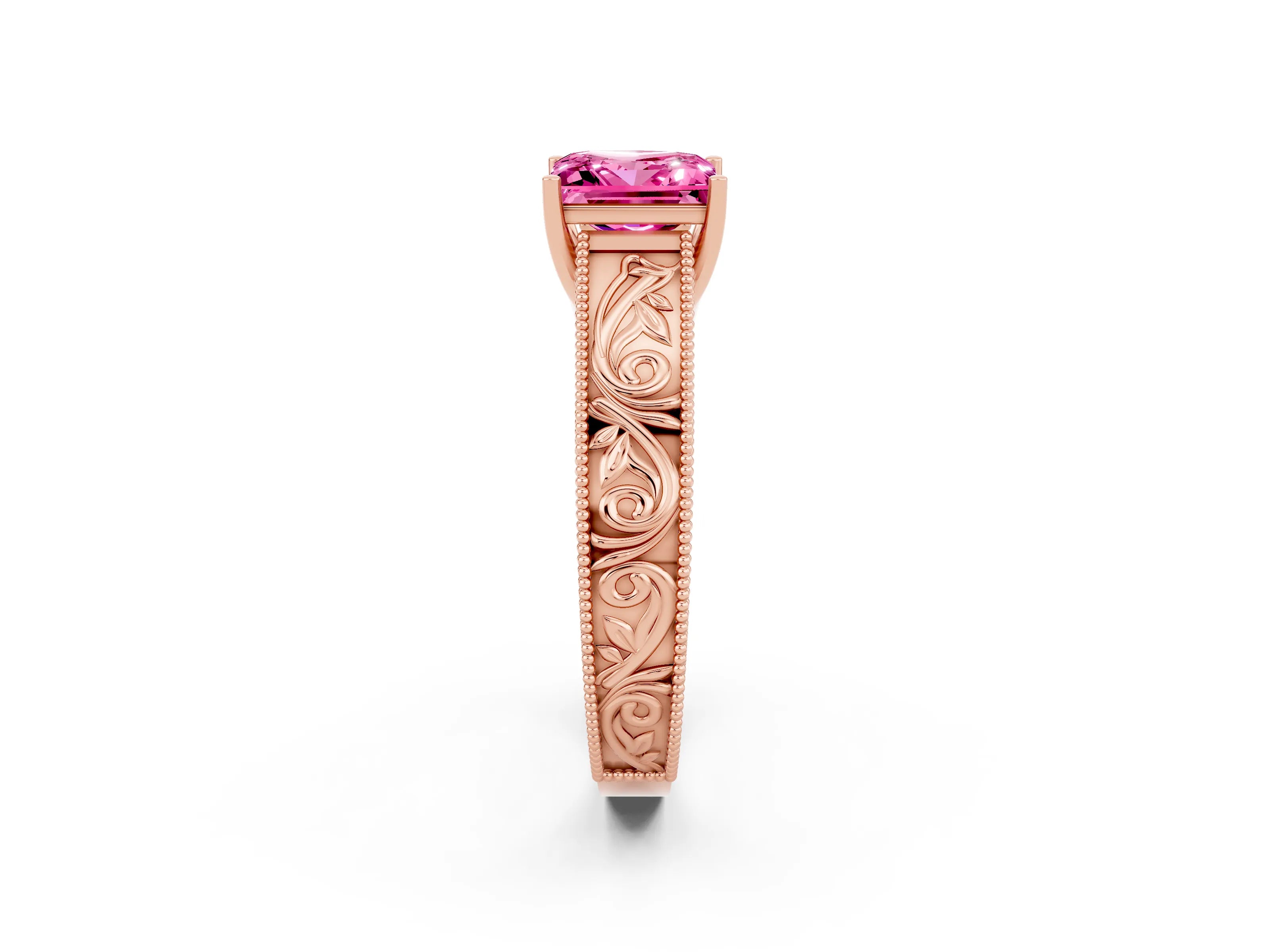 Rose gold Princess Cut Pink Sapphire Solitaire Ring with Engraved Band and Four-Prong Setting_2
