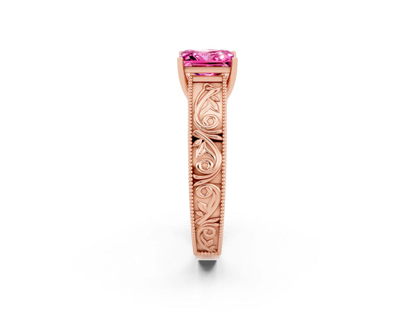 Rose gold Princess Cut Pink Sapphire Solitaire Ring with Engraved Band and Four-Prong Setting