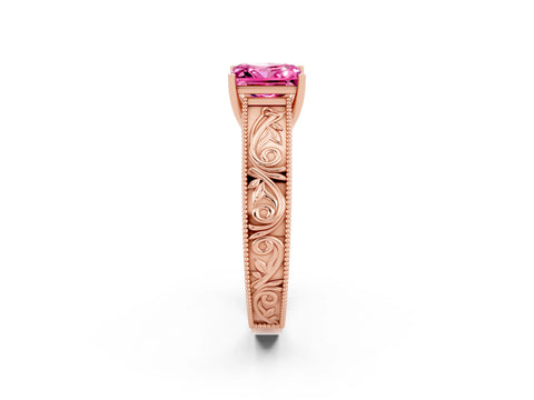 Rose gold Princess Cut Pink Sapphire Solitaire Ring with Engraved Band and Four-Prong Setting_2