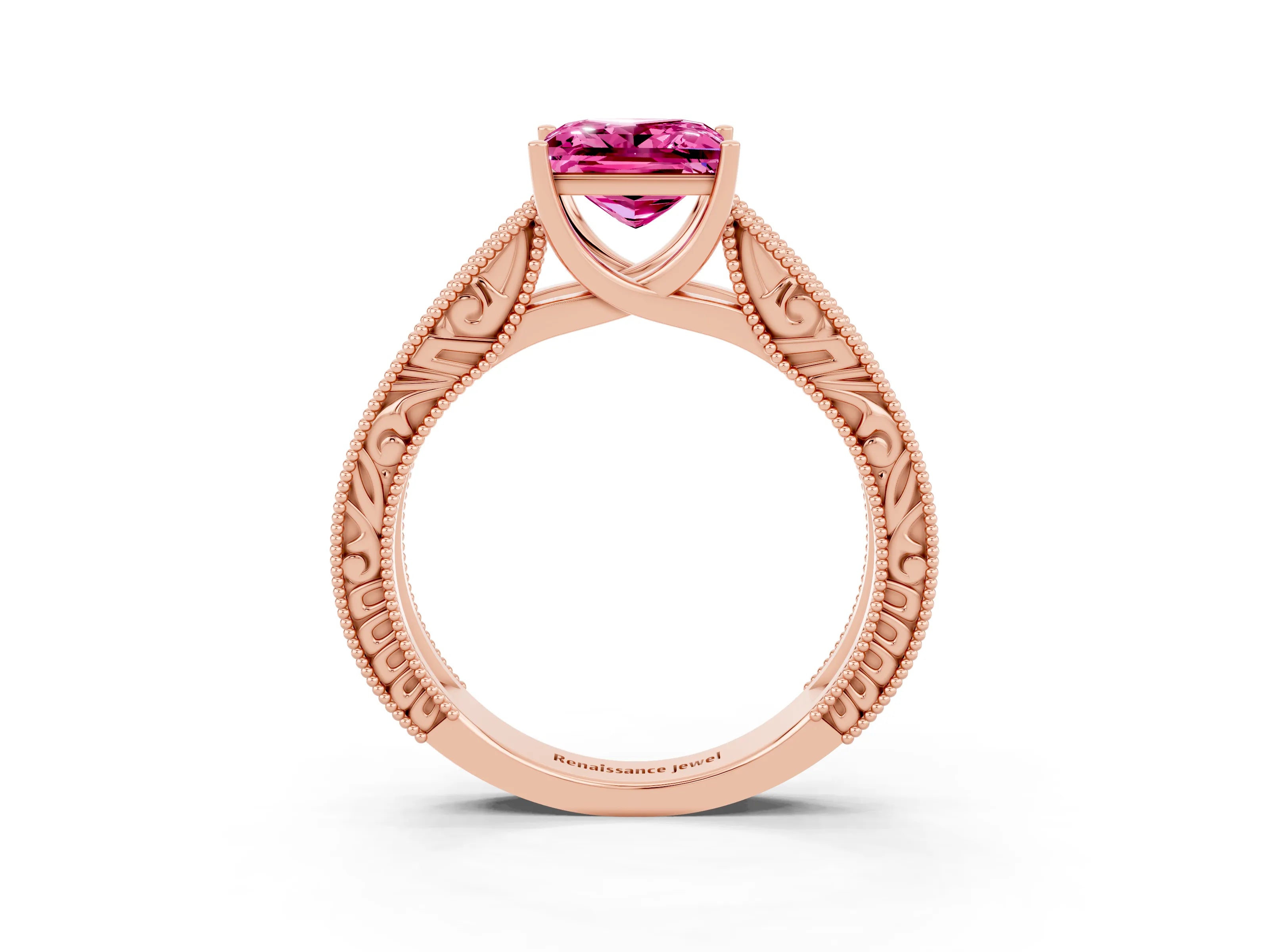 Rose gold Princess Cut Pink Sapphire Solitaire Ring with Engraved Band and Four-Prong Setting_3