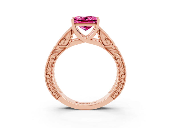 Rose gold Princess Cut Pink Sapphire Solitaire Ring with Engraved Band and Four-Prong Setting
