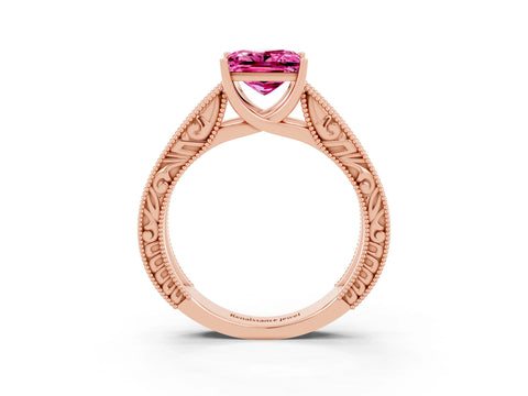 Rose gold Princess Cut Pink Sapphire Solitaire Ring with Engraved Band and Four-Prong Setting_3
