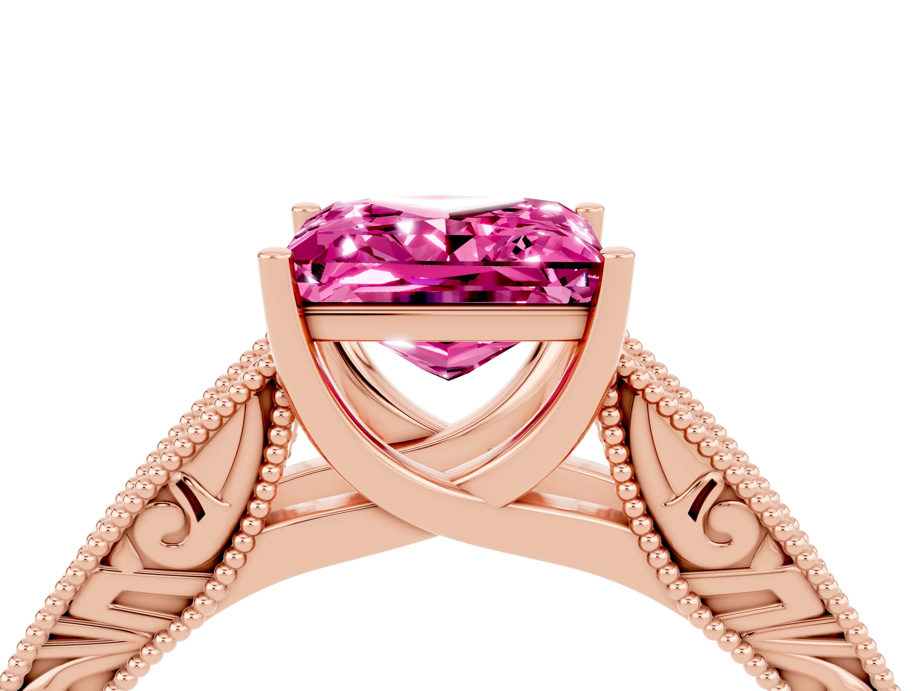 Rose gold Princess Cut Pink Sapphire Solitaire Ring with Engraved Band and Four-Prong Setting_4