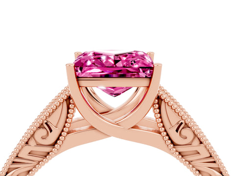 Rose gold Princess Cut Pink Sapphire Solitaire Ring with Engraved Band and Four-Prong Setting_4