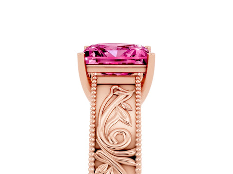 Rose gold Princess Cut Pink Sapphire Solitaire Ring with Engraved Band and Four-Prong Setting_5