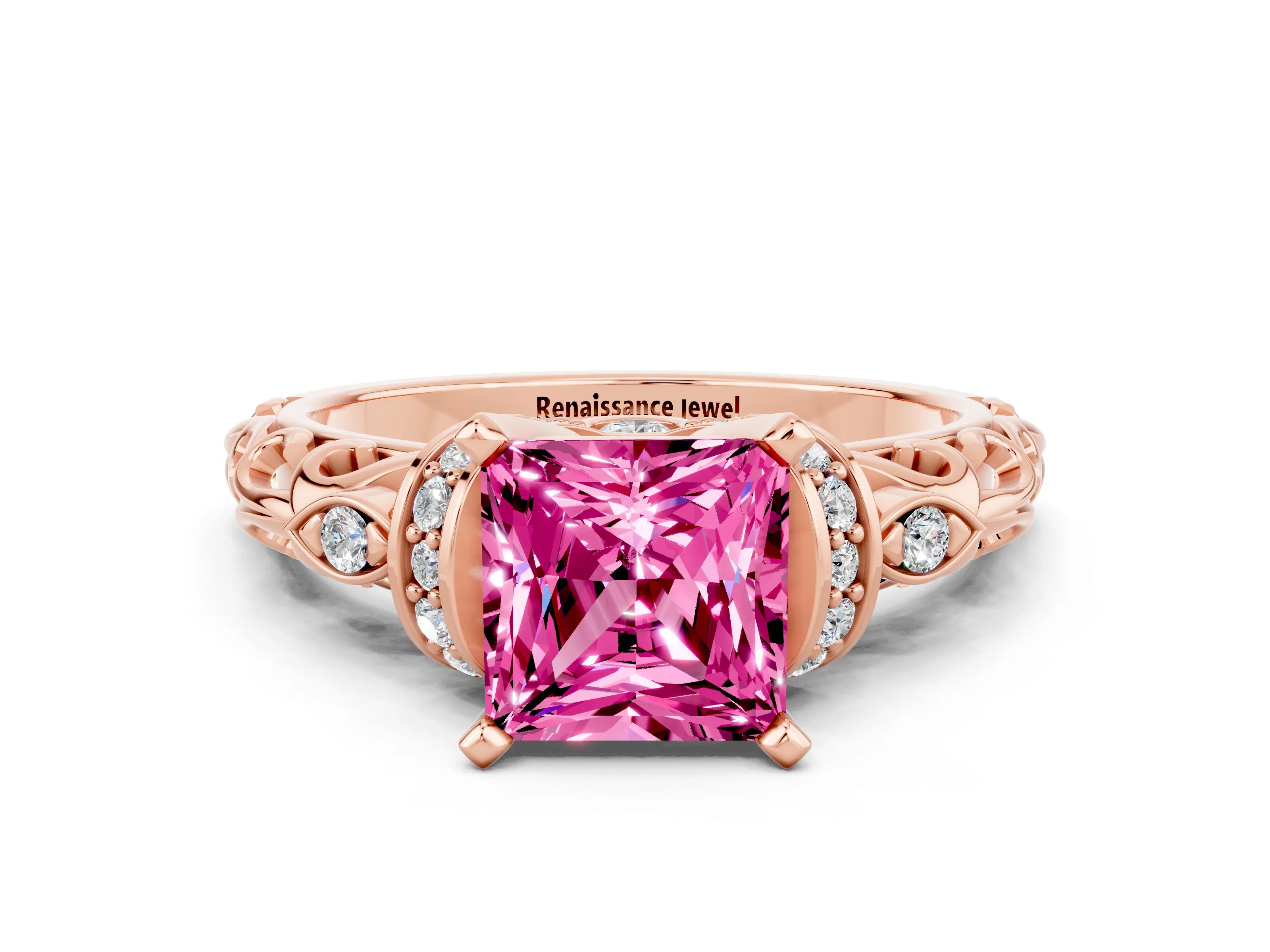 Rose gold Princess Cut Pink Sapphire Solitaire Ring with Filigree Band and Four-Prong Setting_48