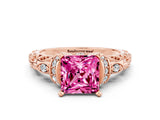 Rose gold Princess Cut Pink Sapphire Solitaire Ring with Filigree Band and Four-Prong Setting_48