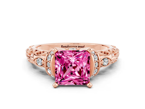 Rose gold Princess Cut Pink Sapphire Solitaire Ring with Filigree Band and Four-Prong Setting_48