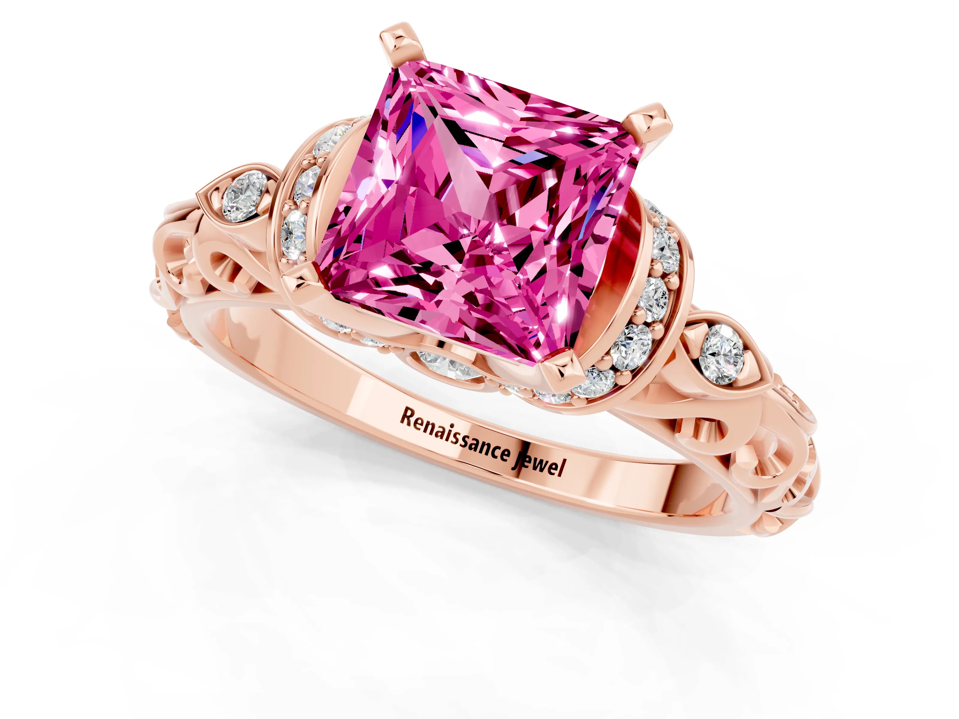 Rose gold Princess Cut Pink Sapphire Solitaire Ring with Filigree Band and Four-Prong Setting_49