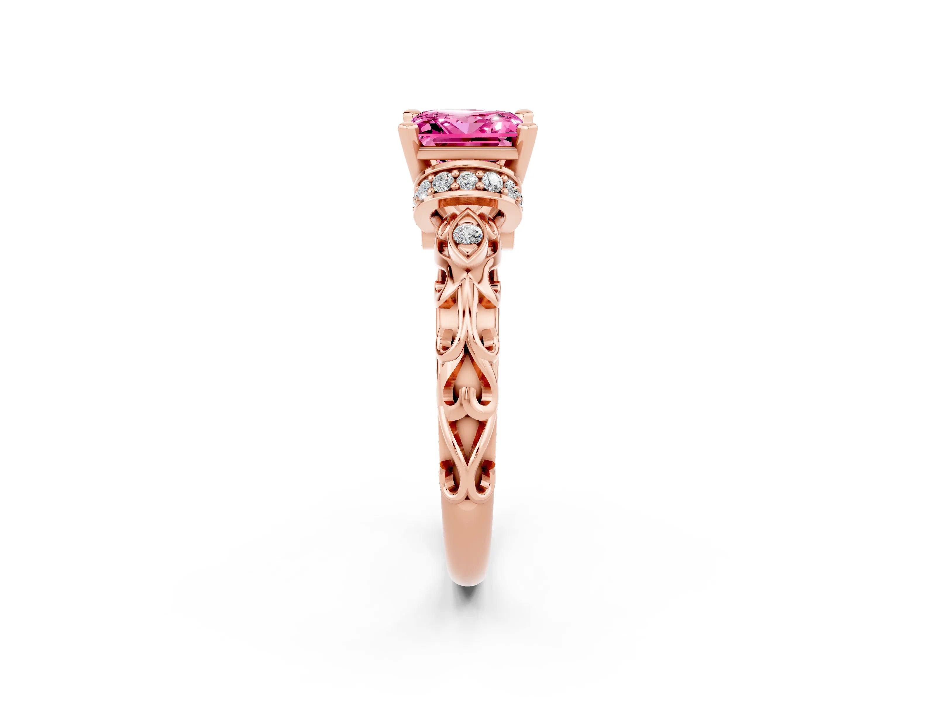 Rose gold Princess Cut Pink Sapphire Solitaire Ring with Filigree Band and Four-Prong Setting_50