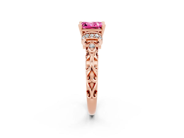 Rose gold Princess Cut Pink Sapphire Solitaire Ring with Filigree Band and Four-Prong Setting