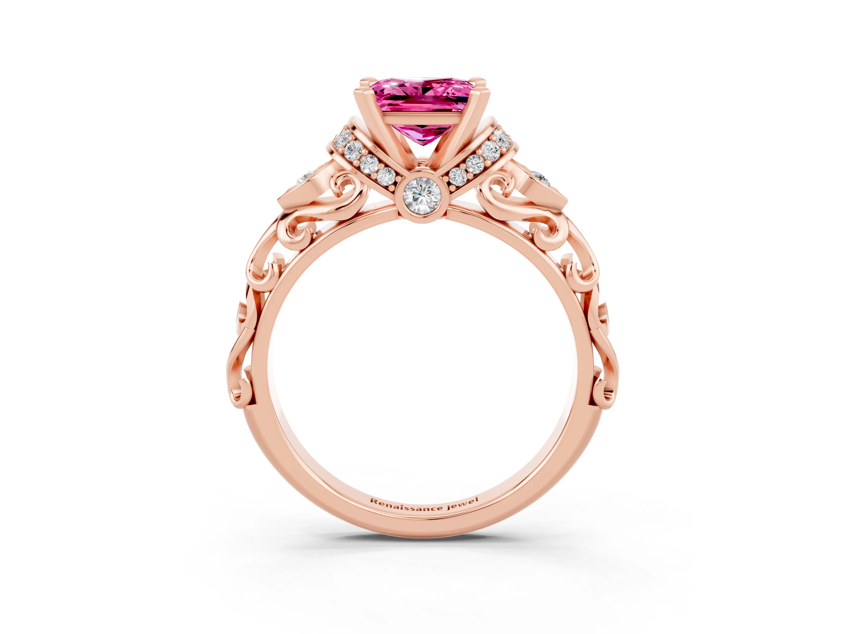 Rose gold Princess Cut Pink Sapphire Solitaire Ring with Filigree Band and Four-Prong Setting_51