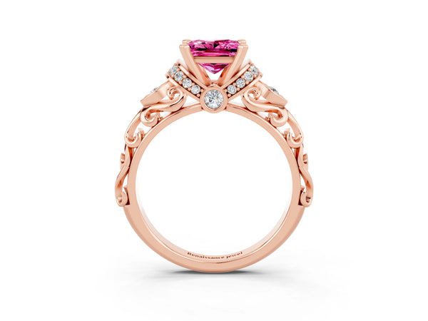 Rose gold Princess Cut Pink Sapphire Solitaire Ring with Filigree Band and Four-Prong Setting