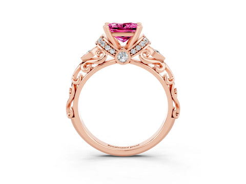 Rose gold Princess Cut Pink Sapphire Solitaire Ring with Filigree Band and Four-Prong Setting_51