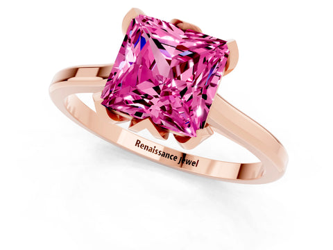 Rose gold Princess Cut Pink Sapphire Solitaire Ring with Flower Prong Setting and Classic Band_37