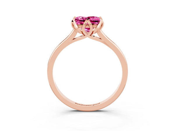 Rose gold Princess Cut Pink Sapphire Solitaire Ring with Flower Prong Setting and Classic Band
