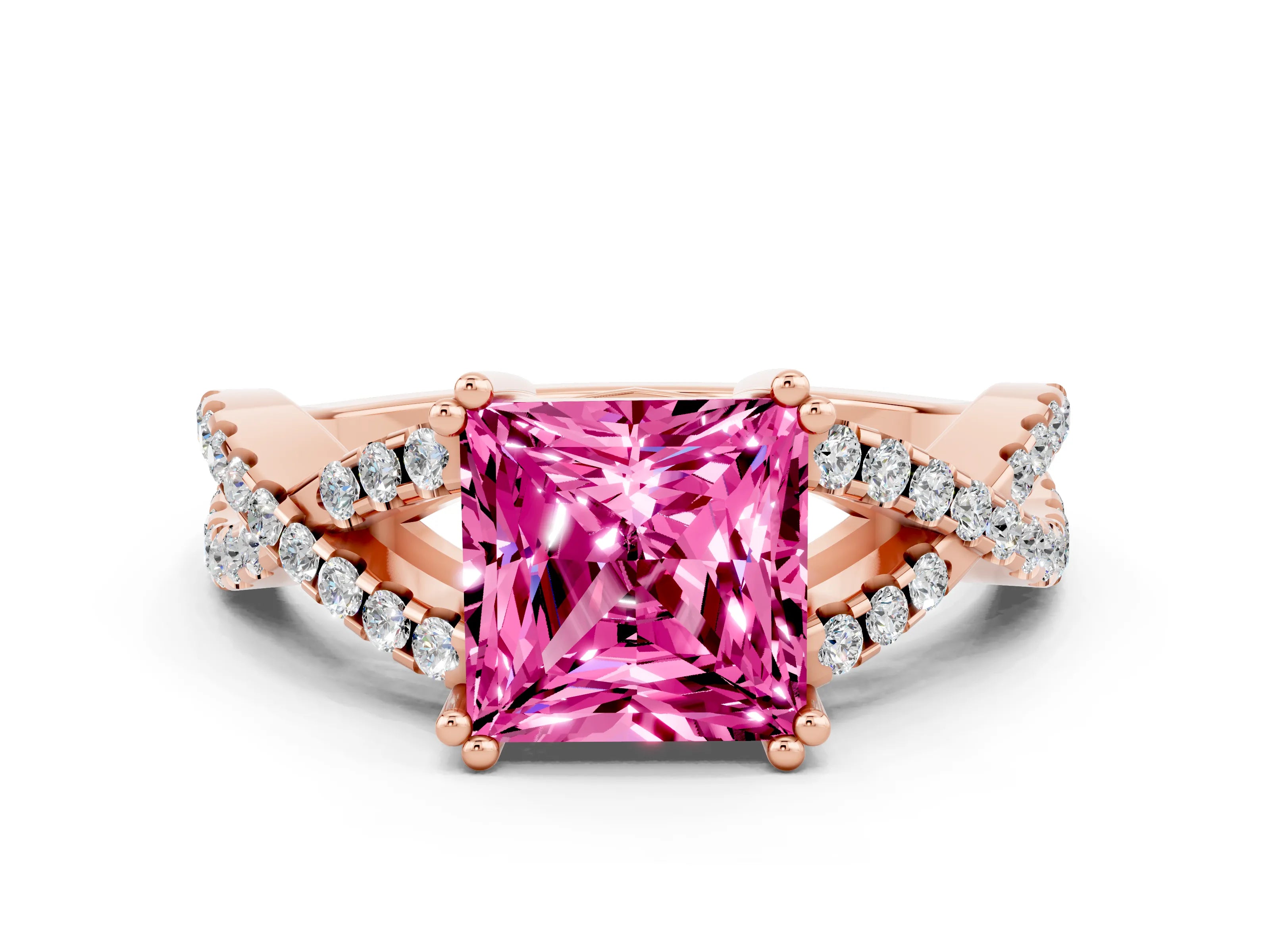 Rose gold Princess Cut Pink Sapphire Solitaire Ring with Four-Prong Setting and Twisted Pavé Band_12