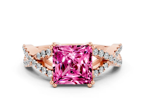 Rose gold Princess Cut Pink Sapphire Solitaire Ring with Four-Prong Setting and Twisted Pavé Band_12