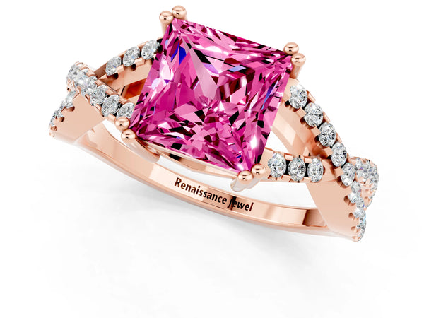 Rose gold Princess Cut Pink Sapphire Solitaire Ring with Four-Prong Setting and Twisted Pavé Band