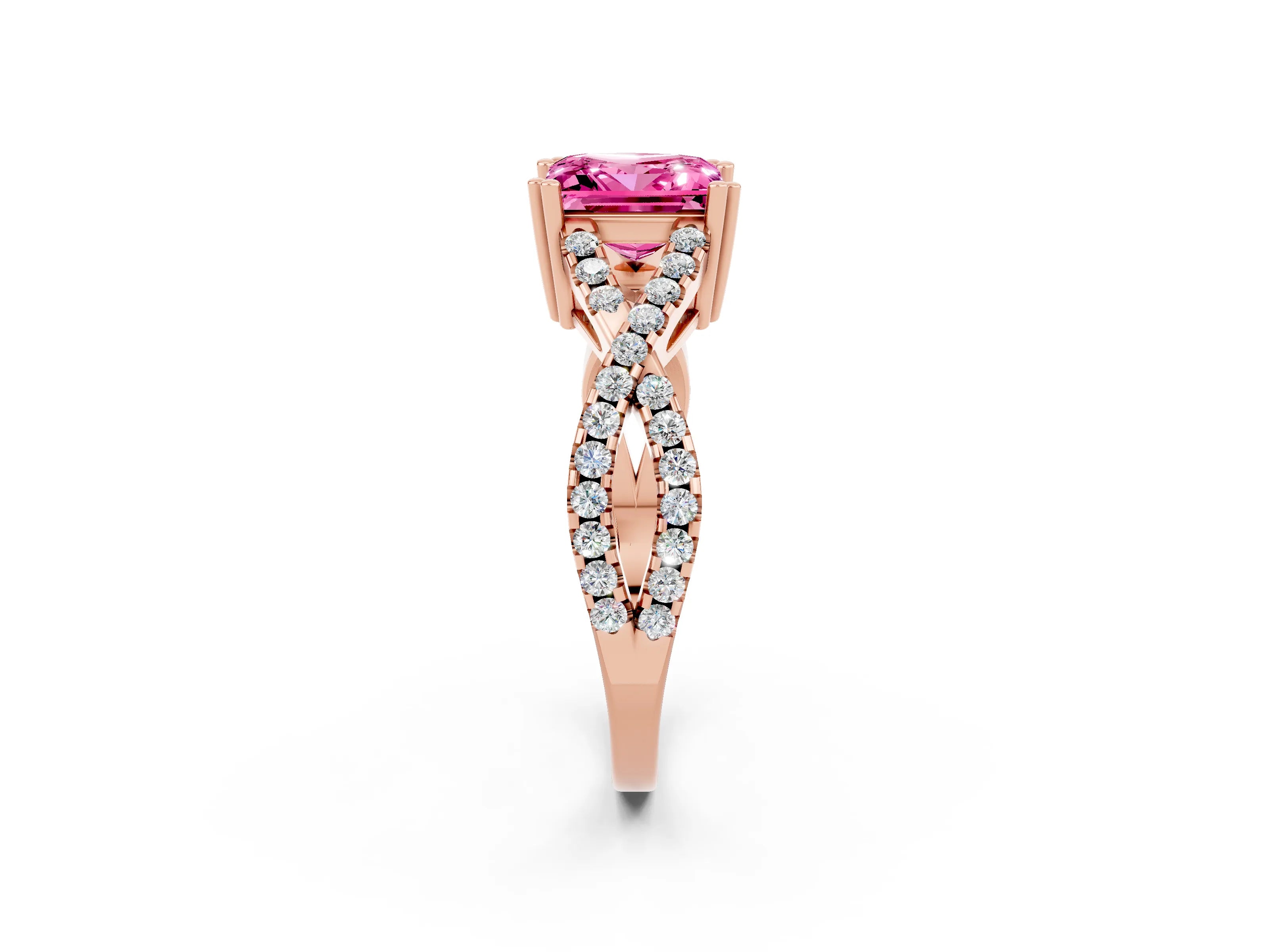 Rose gold Princess Cut Pink Sapphire Solitaire Ring with Four-Prong Setting and Twisted Pavé Band_14
