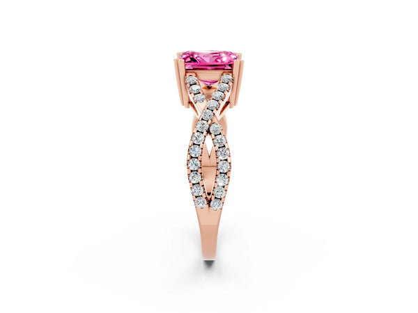 Rose gold Princess Cut Pink Sapphire Solitaire Ring with Four-Prong Setting and Twisted Pavé Band