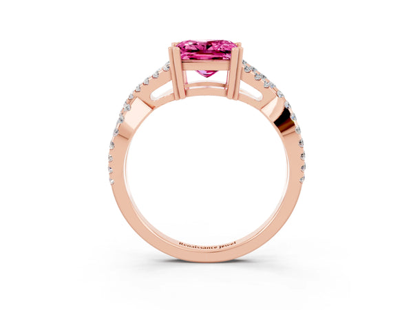 Rose gold Princess Cut Pink Sapphire Solitaire Ring with Four-Prong Setting and Twisted Pavé Band
