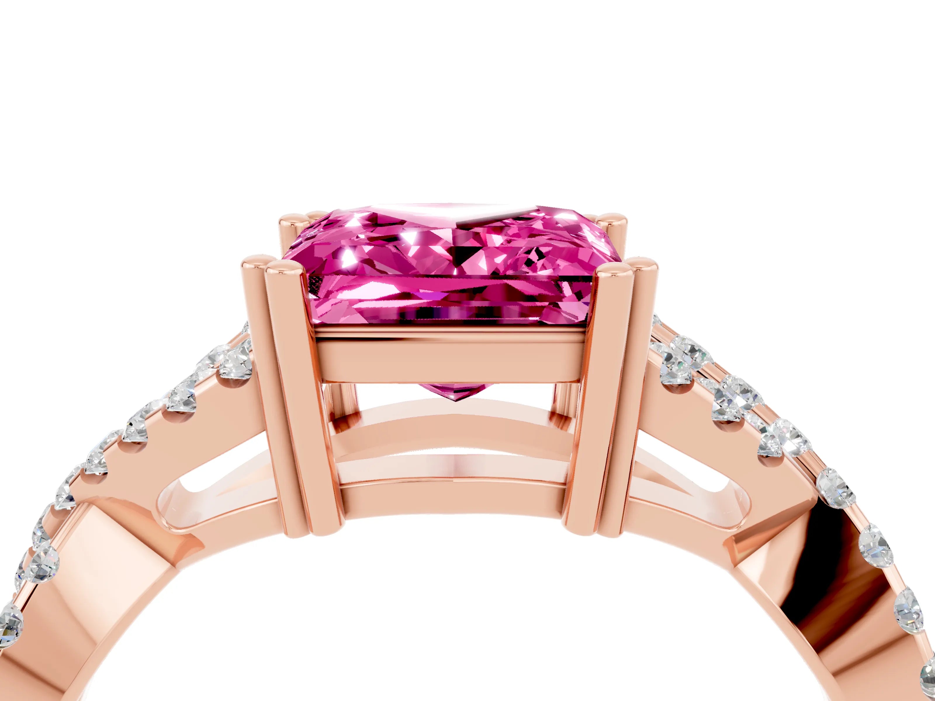 Rose gold Princess Cut Pink Sapphire Solitaire Ring with Four-Prong Setting and Twisted Pavé Band_16