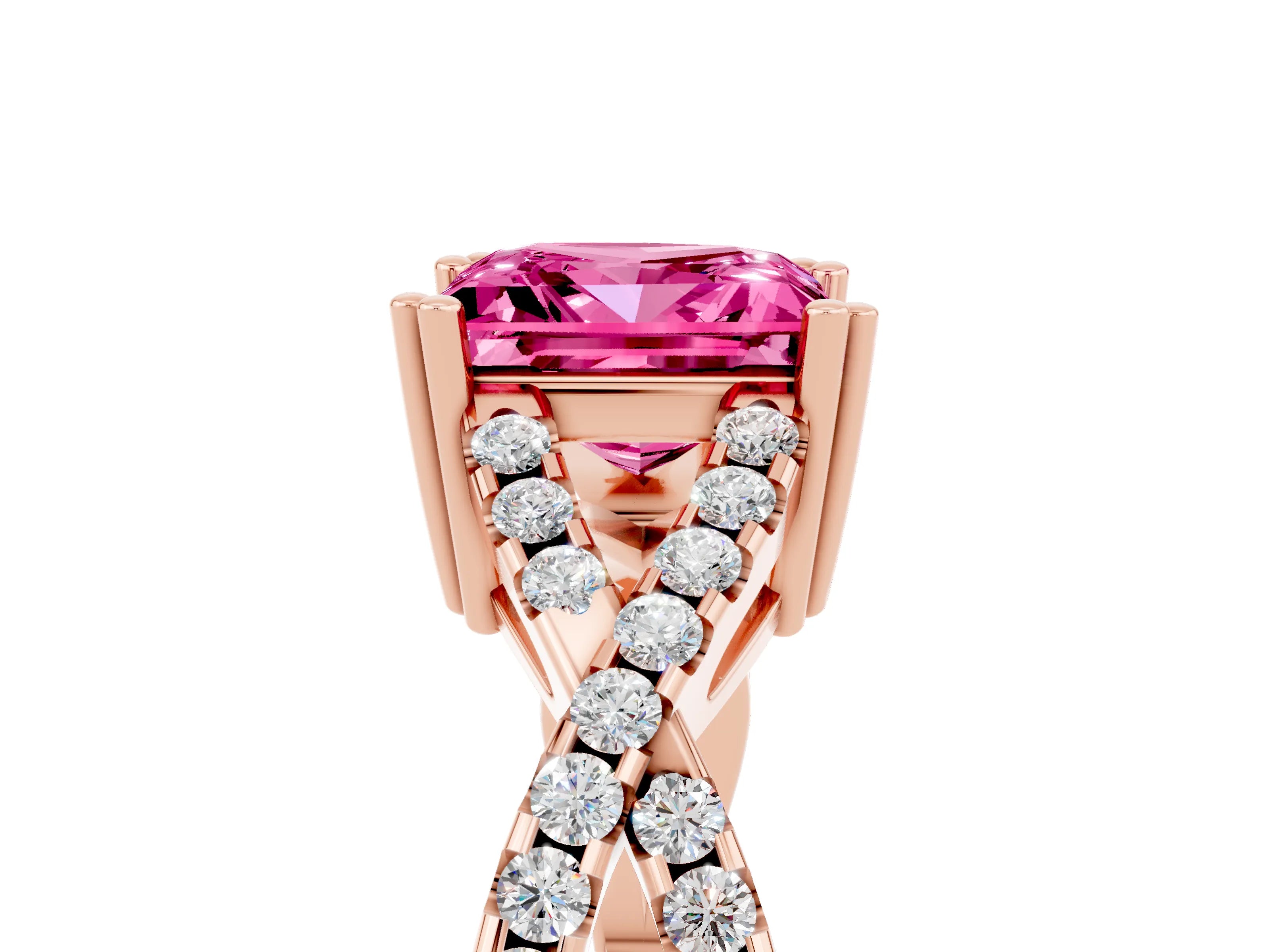 Rose gold Princess Cut Pink Sapphire Solitaire Ring with Four-Prong Setting and Twisted Pavé Band_17