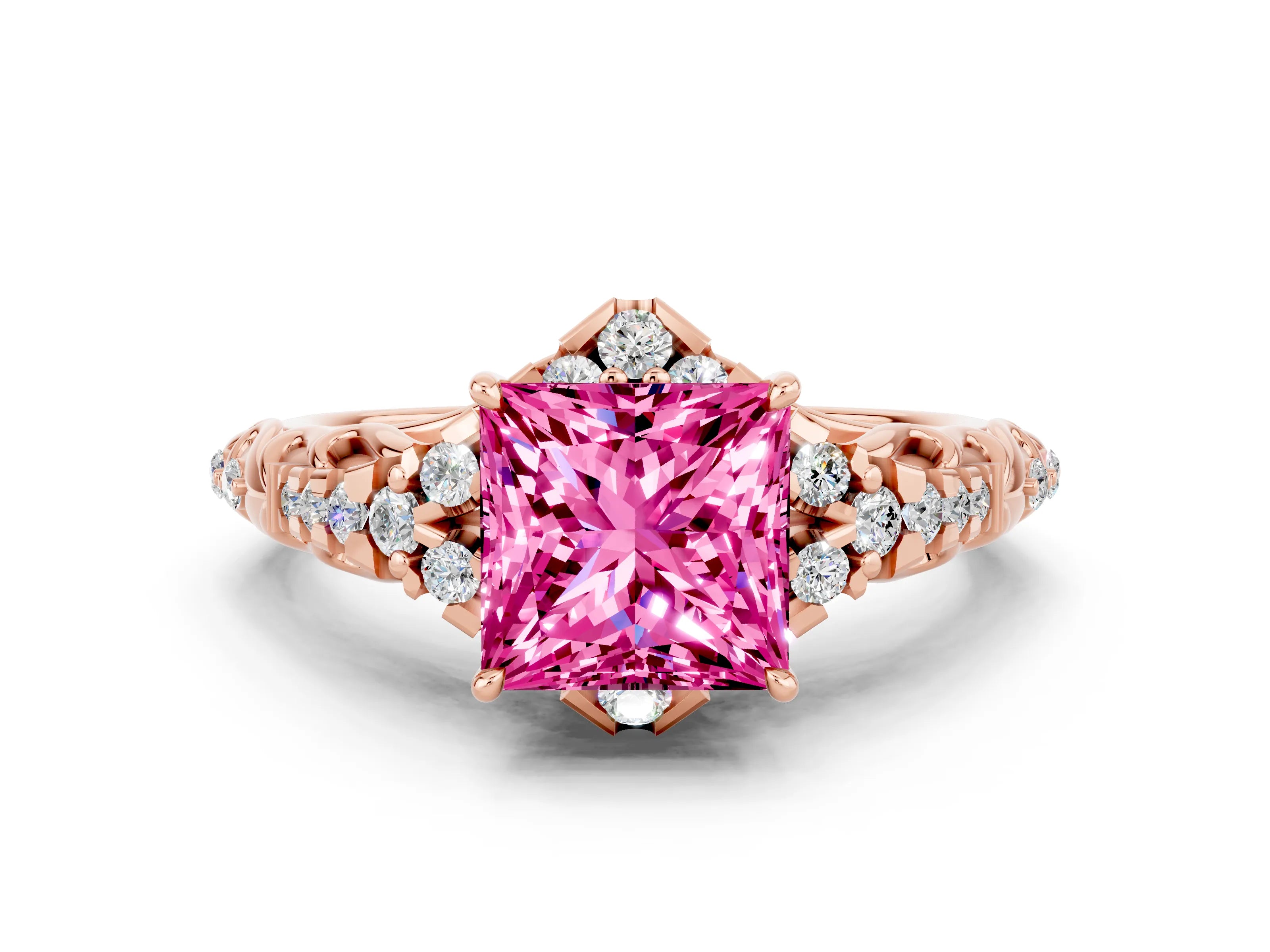 Rose gold Princess Cut Pink Sapphire Solitaire Ring with Hidden Halo and Pavé Band_12