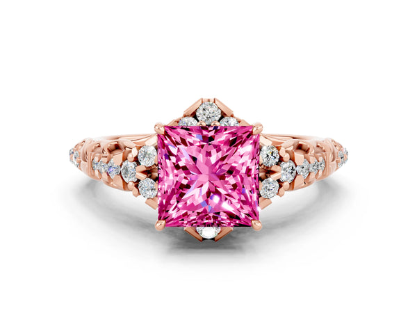 Rose gold Princess Cut Pink Sapphire Solitaire Ring with Hidden Halo and Pavé Band