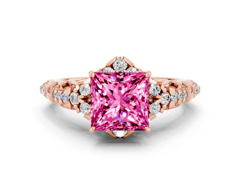 Rose gold Princess Cut Pink Sapphire Solitaire Ring with Hidden Halo and Pavé Band_12