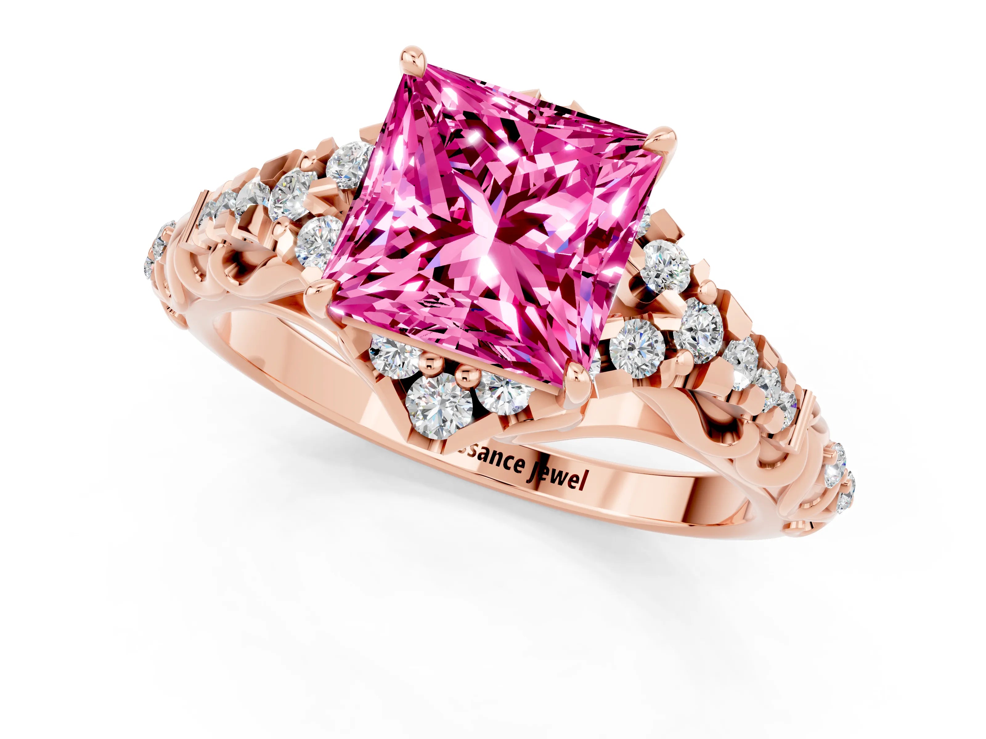 Rose gold Princess Cut Pink Sapphire Solitaire Ring with Hidden Halo and Pavé Band_13