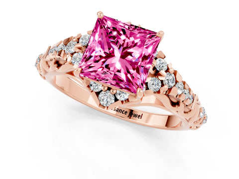 Rose gold Princess Cut Pink Sapphire Solitaire Ring with Hidden Halo and Pavé Band_13