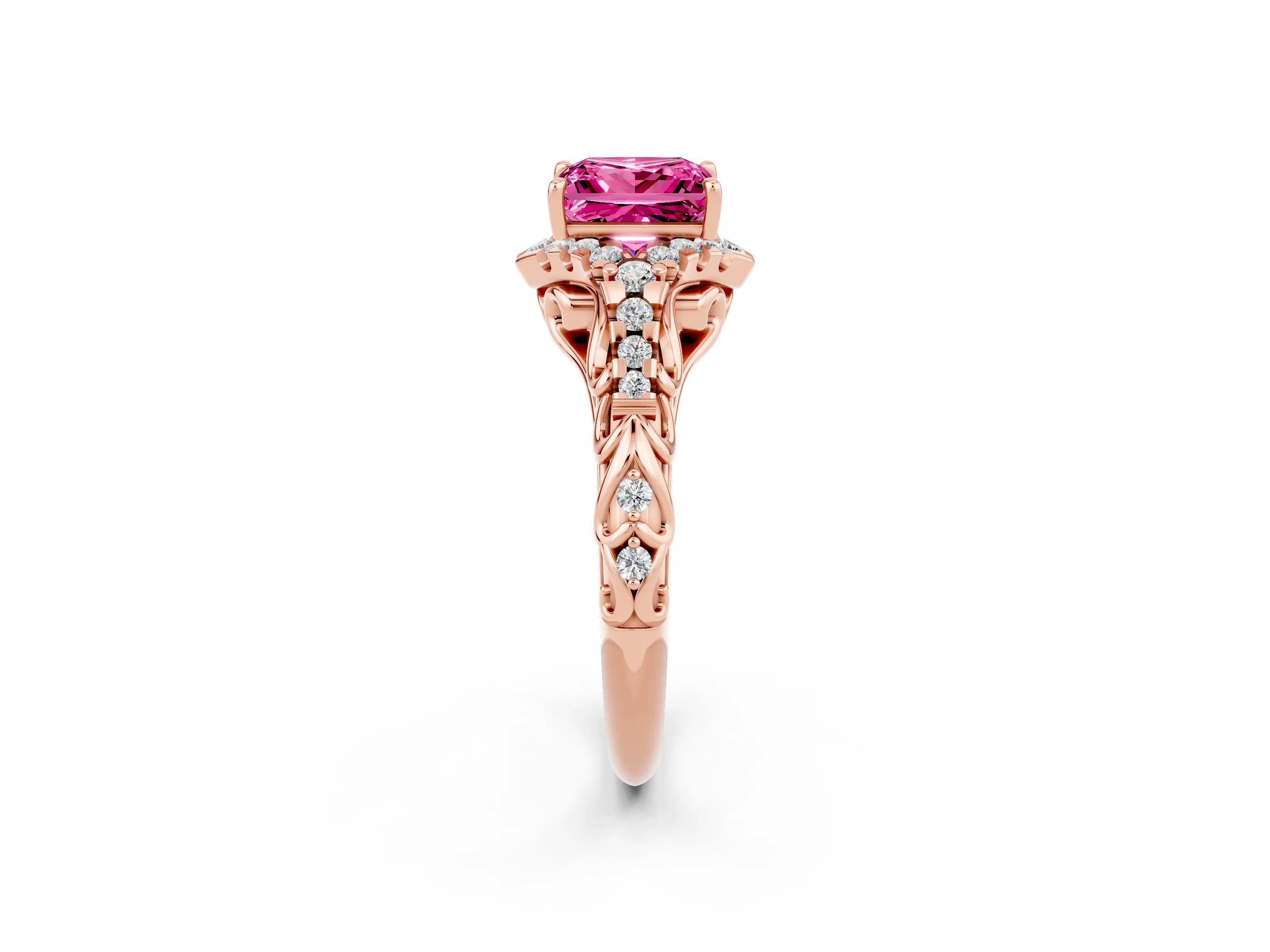 Rose gold Princess Cut Pink Sapphire Solitaire Ring with Hidden Halo and Pavé Band_14