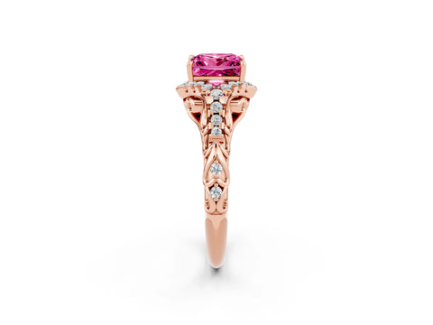 Rose gold Princess Cut Pink Sapphire Solitaire Ring with Hidden Halo and Pavé Band_14