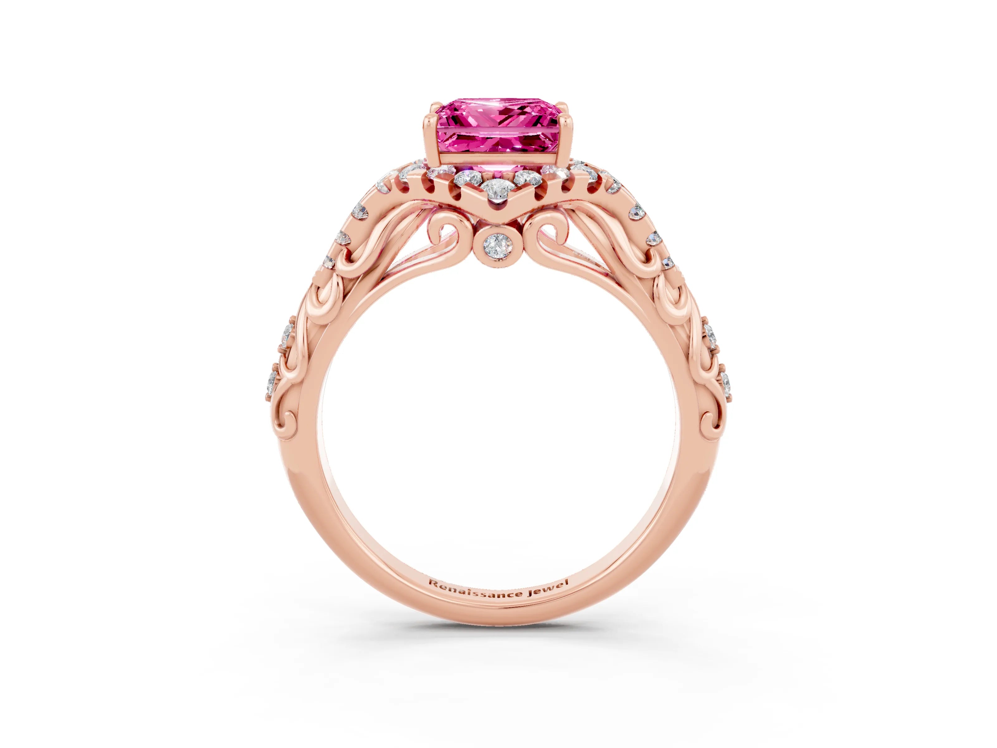 Rose gold Princess Cut Pink Sapphire Solitaire Ring with Hidden Halo and Pavé Band_15