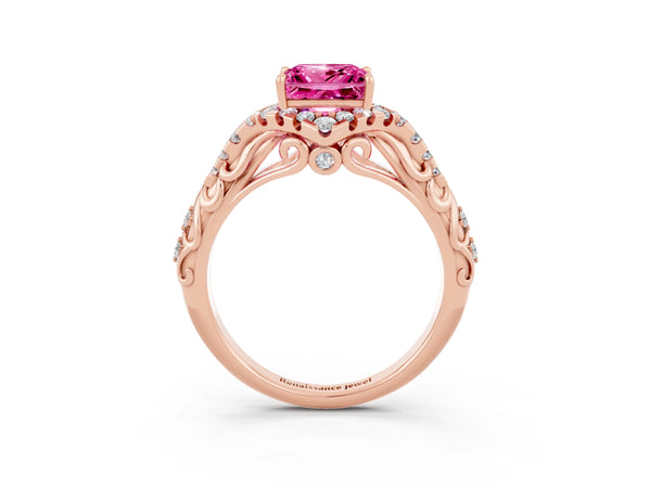 Rose gold Princess Cut Pink Sapphire Solitaire Ring with Hidden Halo and Pavé Band