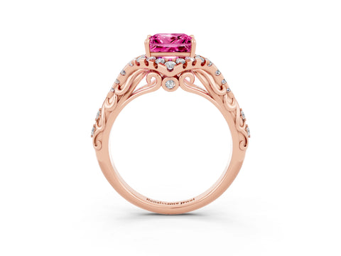Rose gold Princess Cut Pink Sapphire Solitaire Ring with Hidden Halo and Pavé Band_15